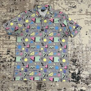 Bad Birdie Geometric Print Golf Polo Shirt Pastel Colors Men's Size L AOP Retro